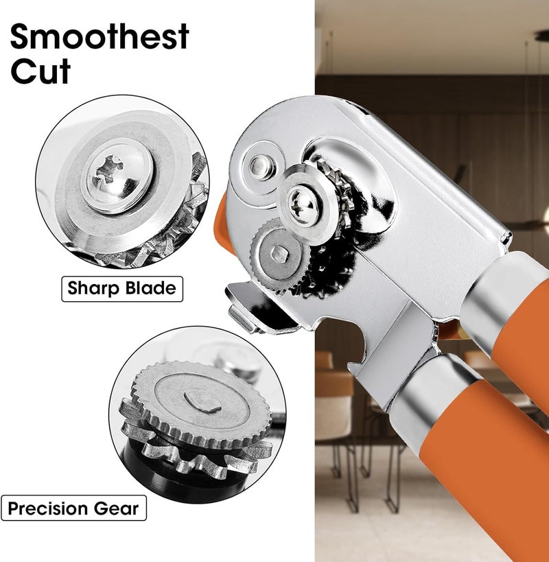 Beneno Heavy Duty Hand Can Opener Manual with Magnet, Durable Sharp Carbon Steel Blade Smooth Cutting, Big Effort-Saving Knob, Soft Grip Handle, Multifunctional Kitchen Tool with Bottle Opener, Orange - Image 3
